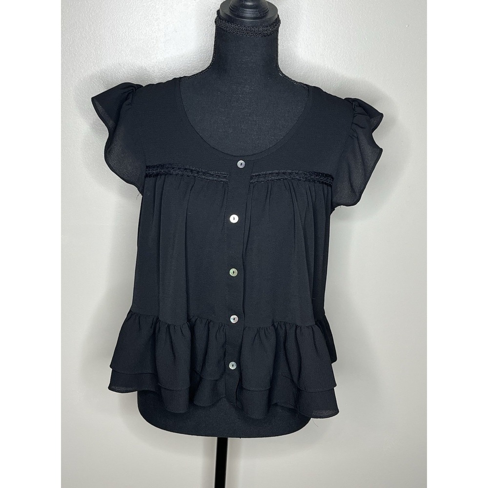 Liberty Love Black Tunic Babydoll Button Front Ruffled Blouse Size Medium